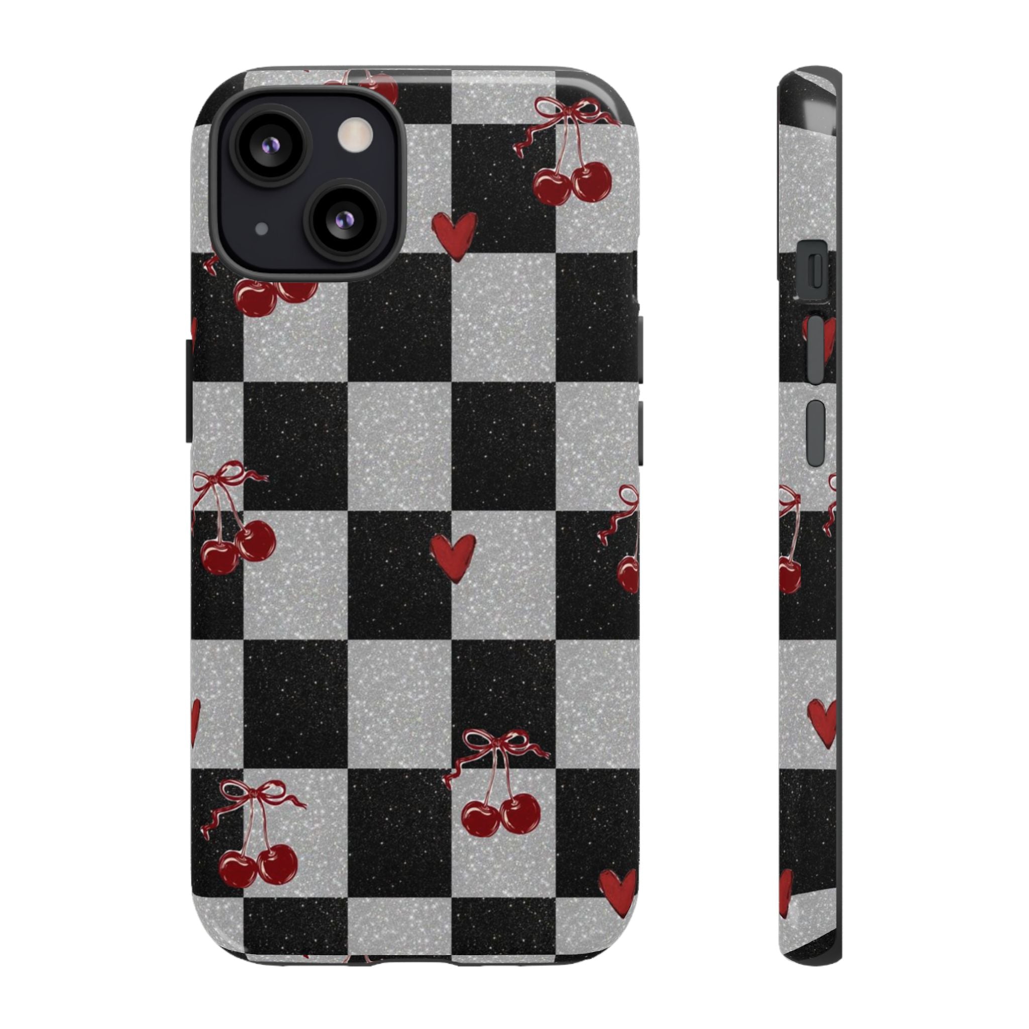 Cherry Checker Phone Case — Retro Black & White Plaid with Red Hearts