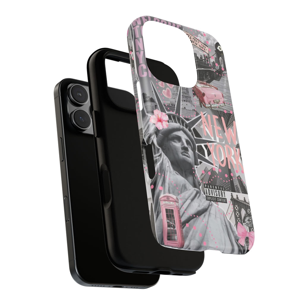 New York Collage Phone Case — Pink Retro Statue of Liberty Design