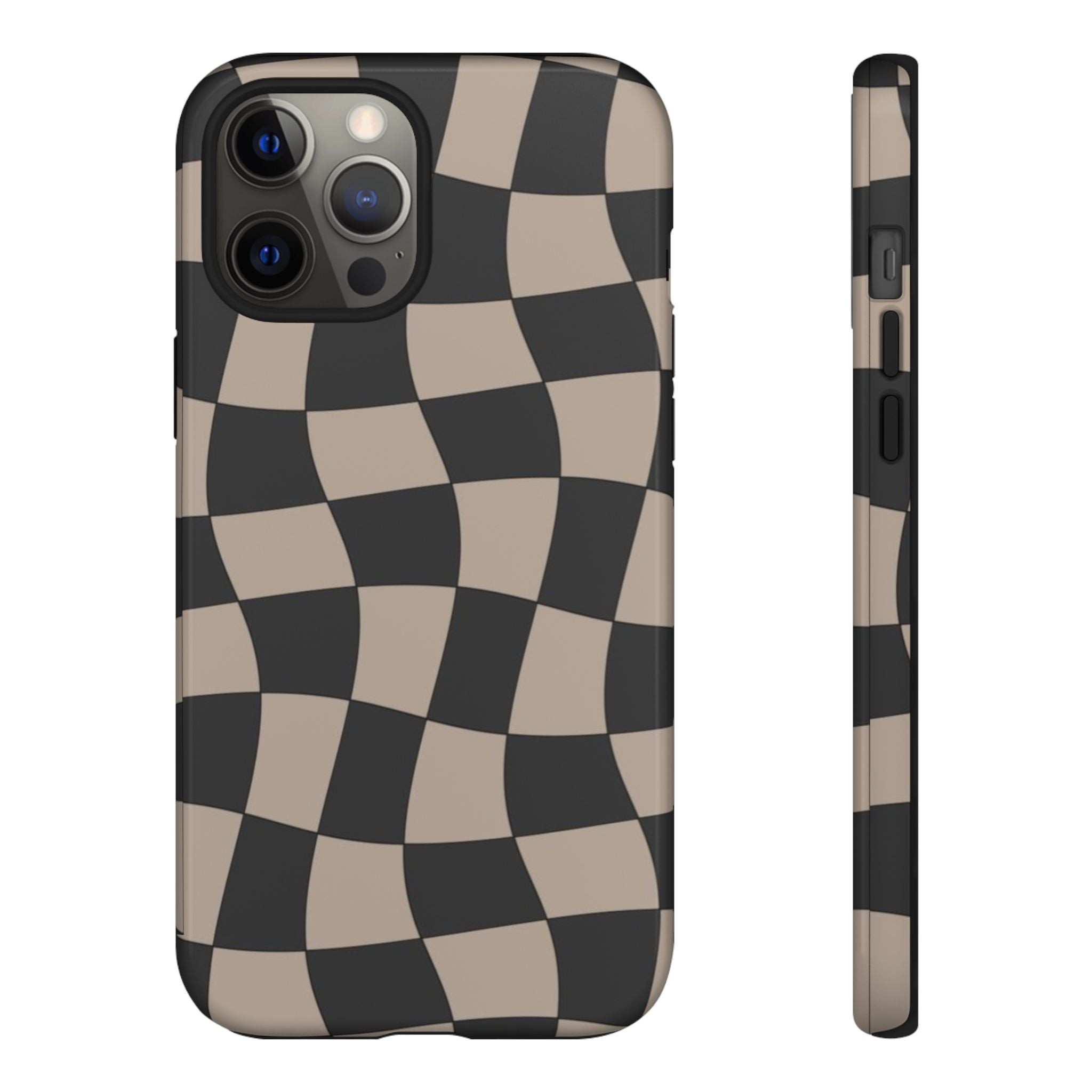 Wavy Checkerboard Phone Case — Retro Black & Beige Pattern, Durable Protective Cover