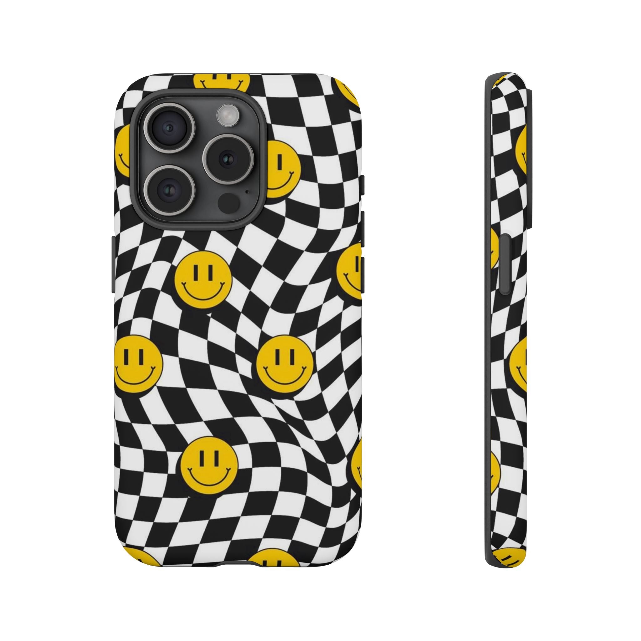 Smiley Checkerboard Tough Phone Case — Retro Wavy Black & White Design