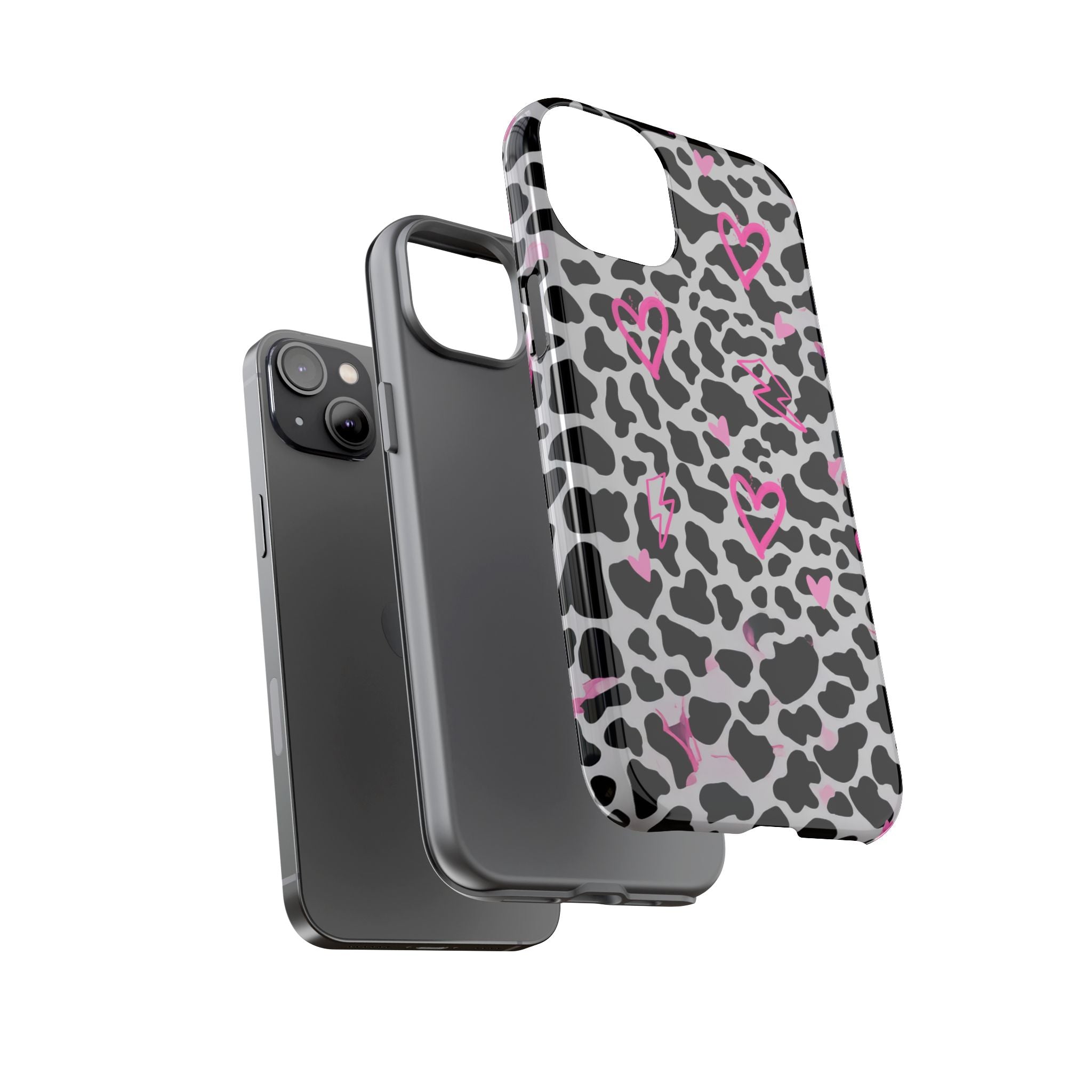 Phone Case — Black & White Cow Print with Pink Hand-Drawn Hearts