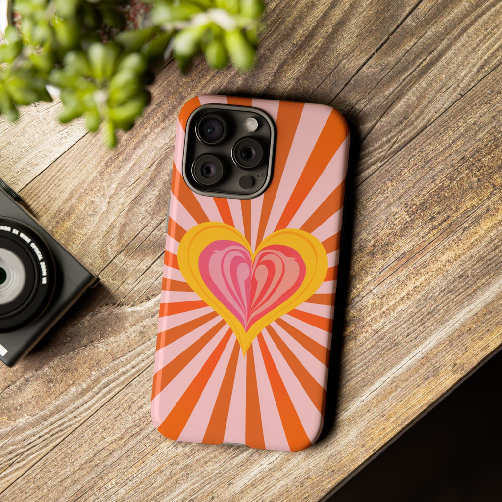 Retro Heart Phone Case — Vibrant Orange Sunburst Tough Case
