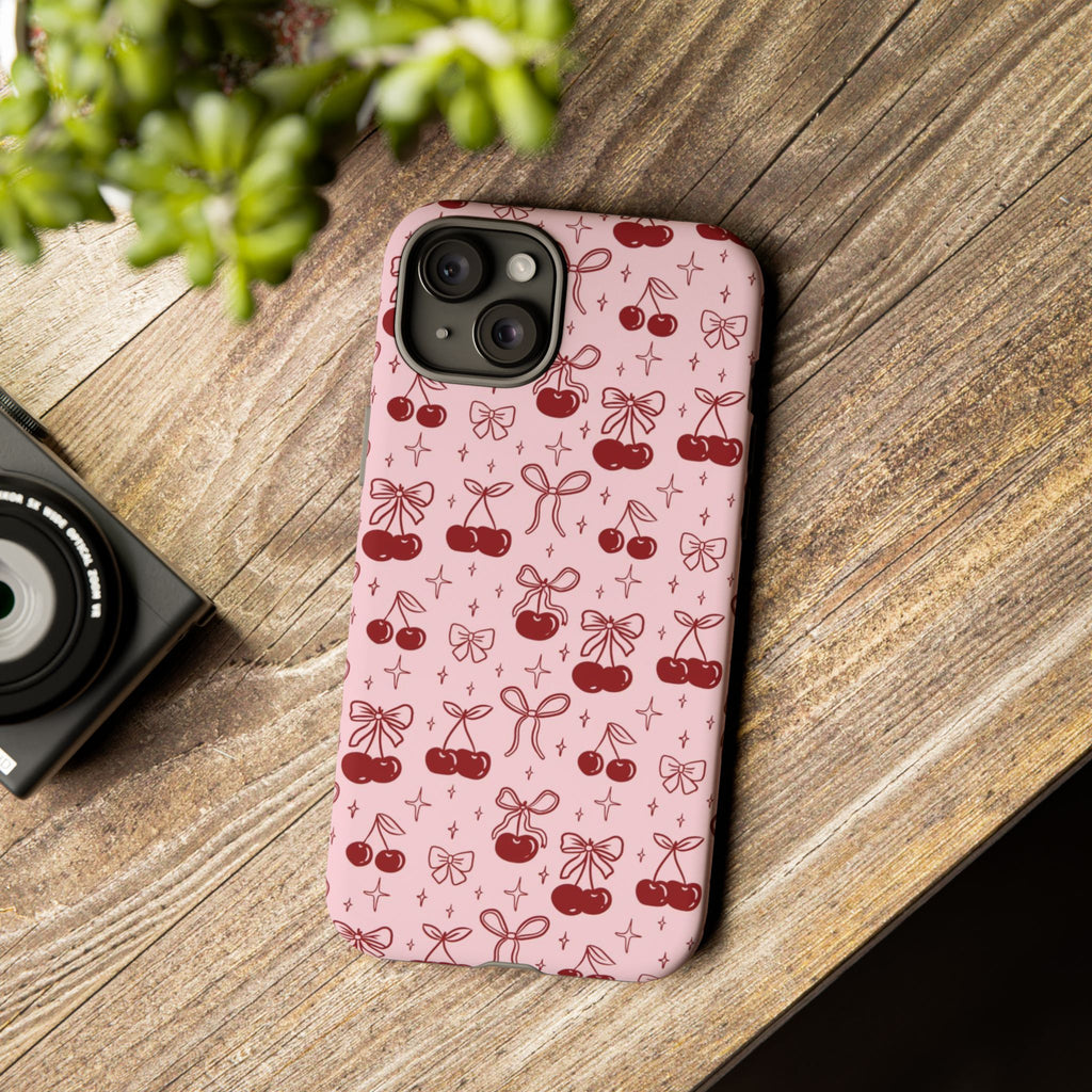Cherry Pattern Phone Case — Cute Pink Cherries with Bows Durable Tough Case