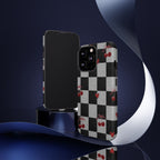 Cherry Checker Phone Case — Retro Black & White Plaid with Red Hearts