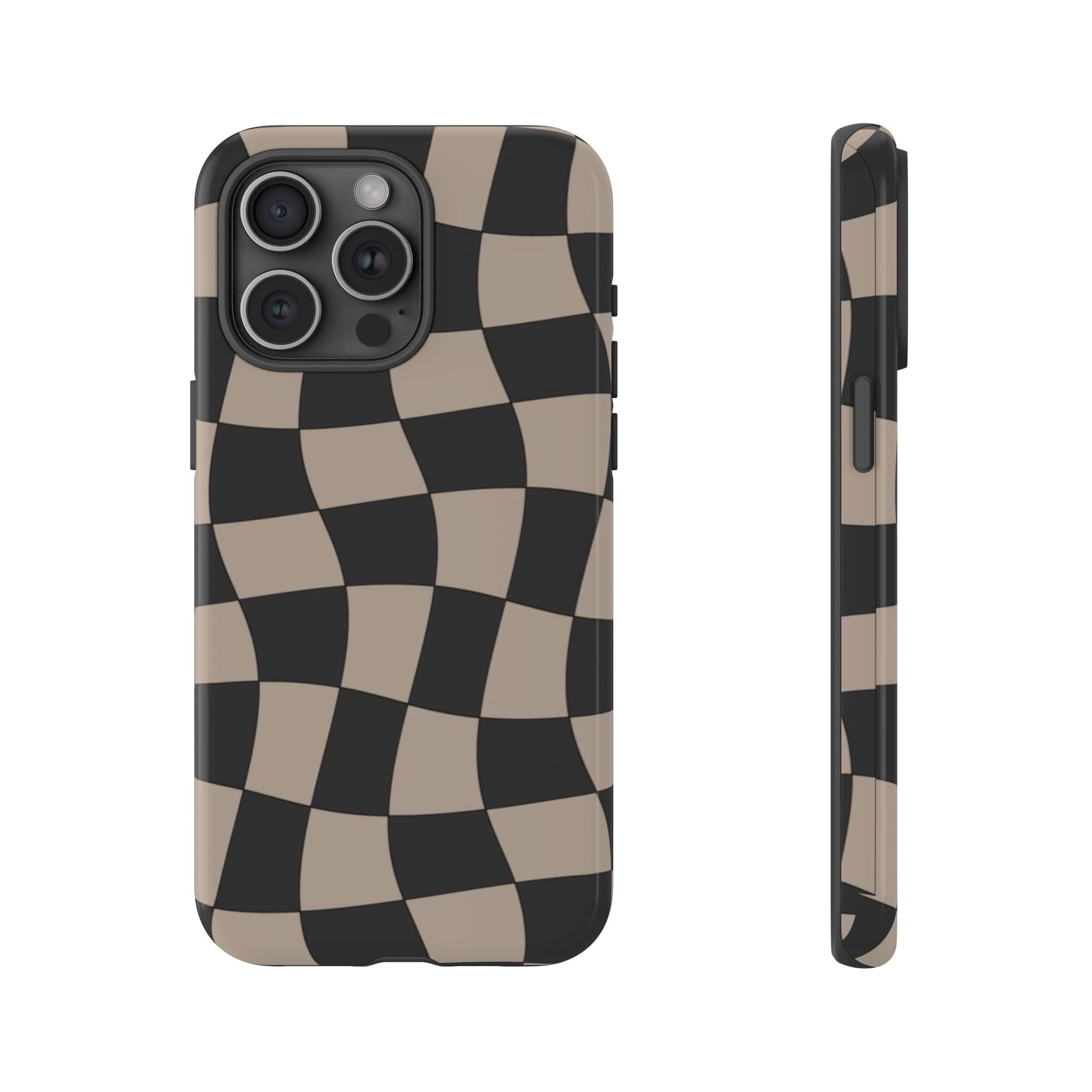 Wavy Checkerboard Phone Case — Retro Black & Beige Pattern, Durable Protective Cover