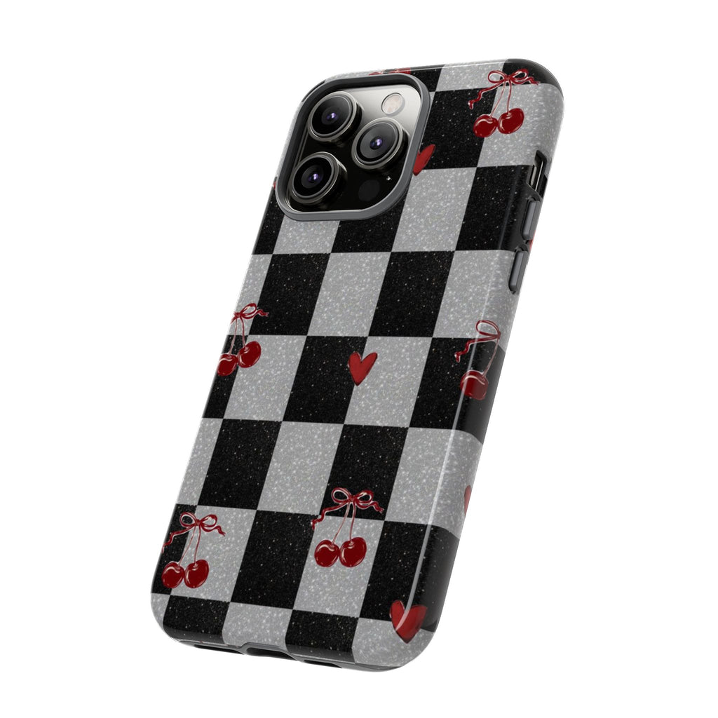 Cherry Checker Phone Case — Retro Black & White Plaid with Red Hearts