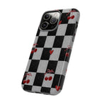 Cherry Checker Phone Case — Retro Black & White Plaid with Red Hearts