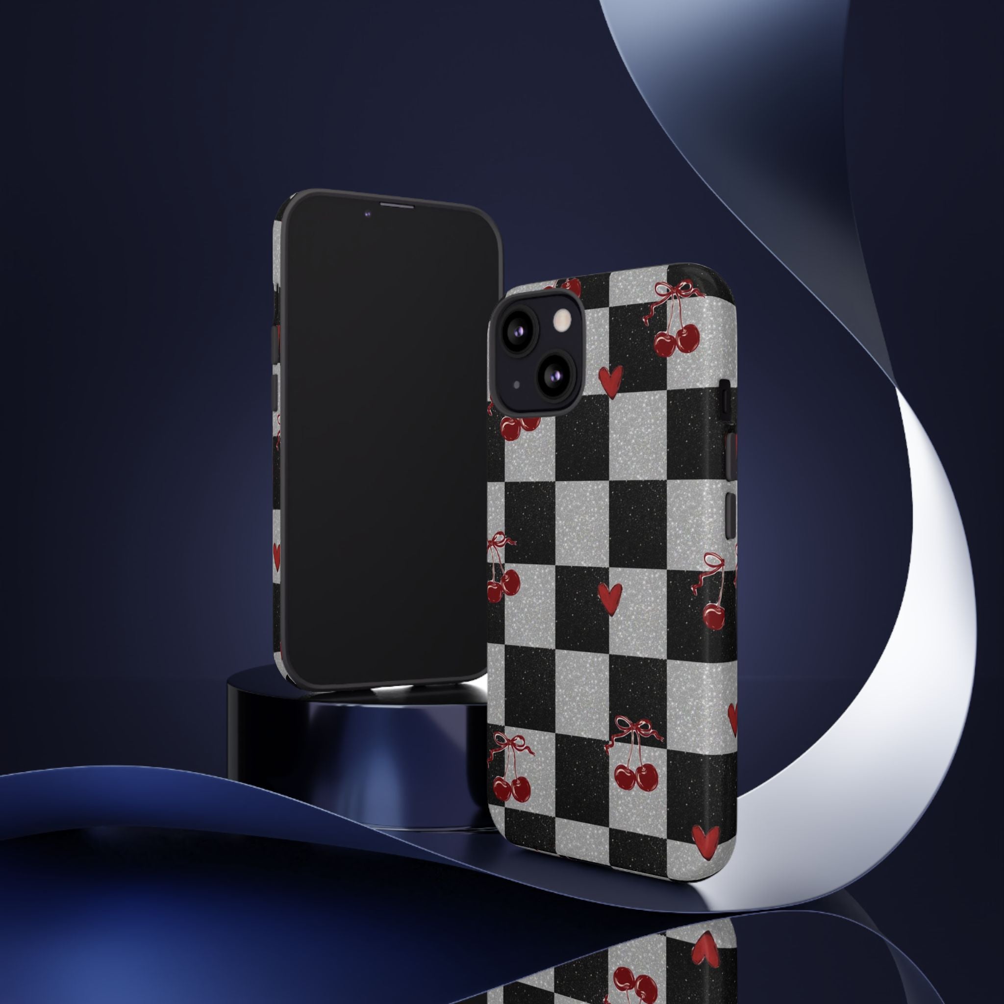 Cherry Checker Phone Case — Retro Black & White Plaid with Red Hearts
