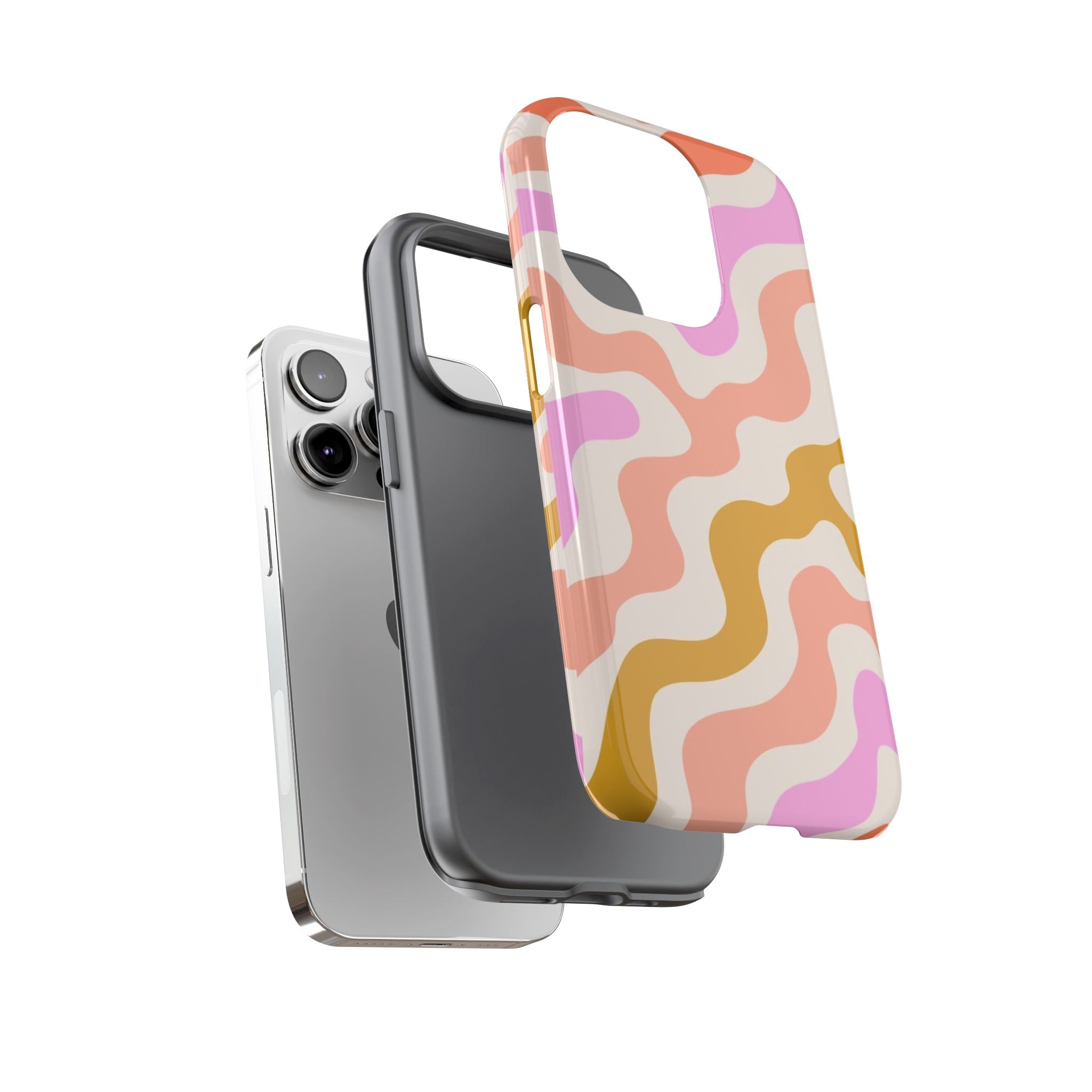 Retro Wavy Pattern Tough Phone Case — Pink, Peach & Mustard Abstract Design