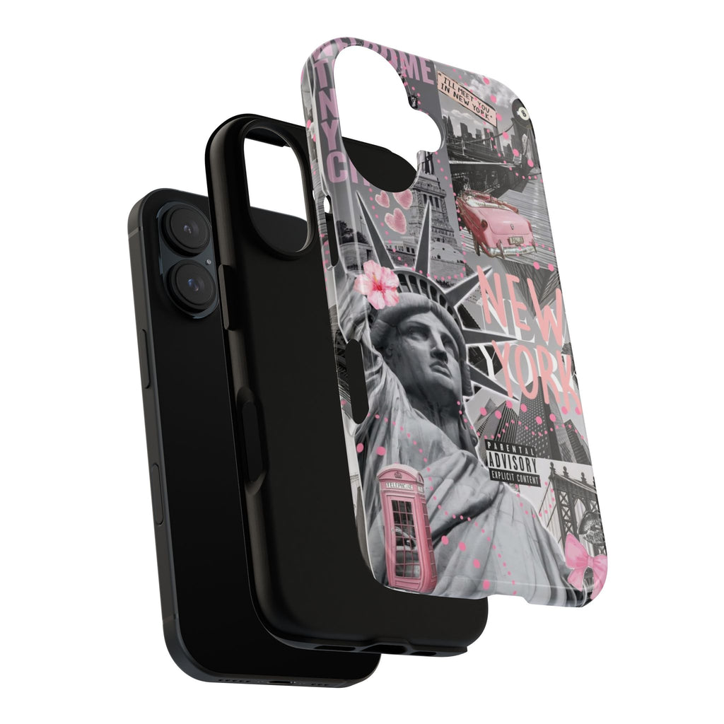 New York Collage Phone Case — Pink Retro Statue of Liberty Design