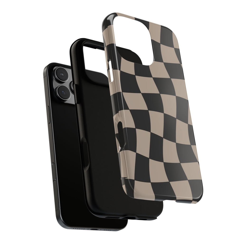 Wavy Checkerboard Phone Case — Retro Black & Beige Pattern, Durable Protective Cover