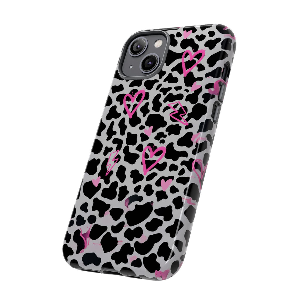 Phone Case — Black & White Cow Print with Pink Hand-Drawn Hearts