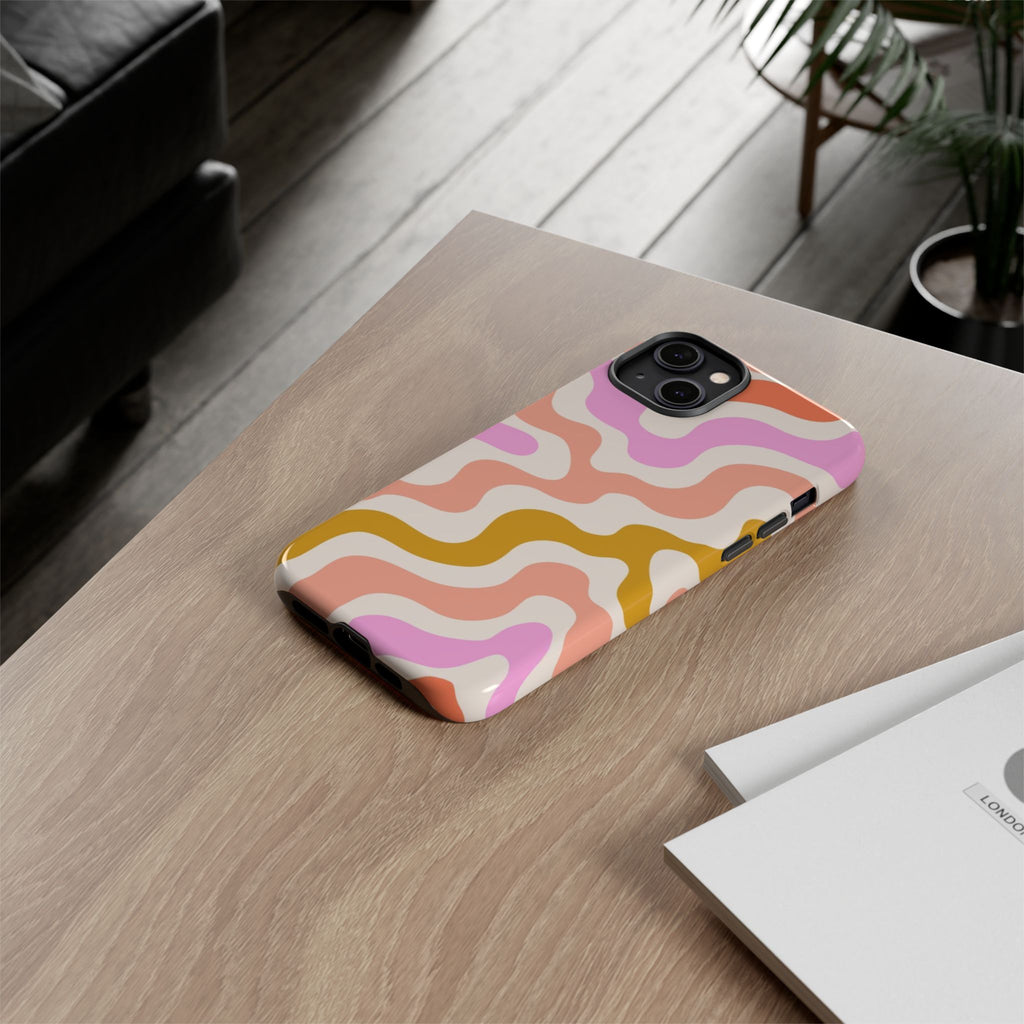 Retro Wavy Pattern Tough Phone Case — Pink, Peach & Mustard Abstract Design