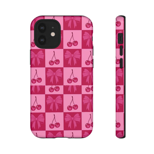 Cherry Checker Tough Phone Case — Pink Retro Bow Pattern