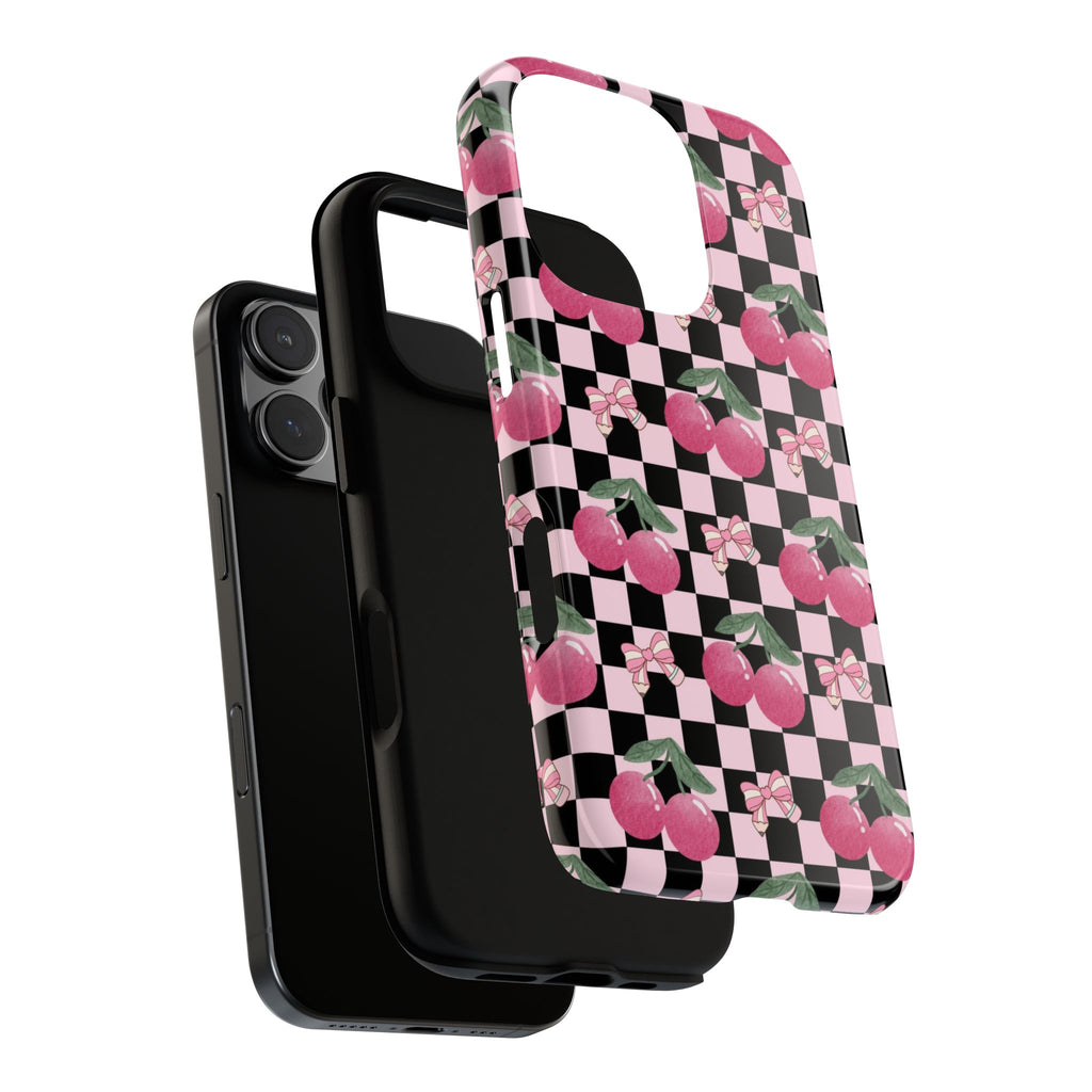 Cherry Checkered Phone Case — Pink Cherries on Black & White Checkerboard