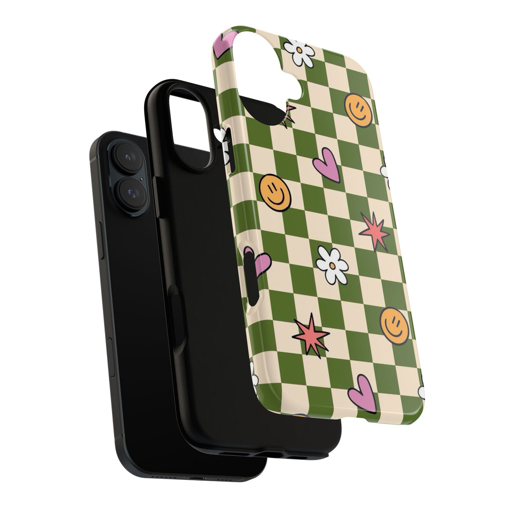 Green Checkered Floral & Smile Phone Case — Cute Heart, Daisy & Smile Pattern