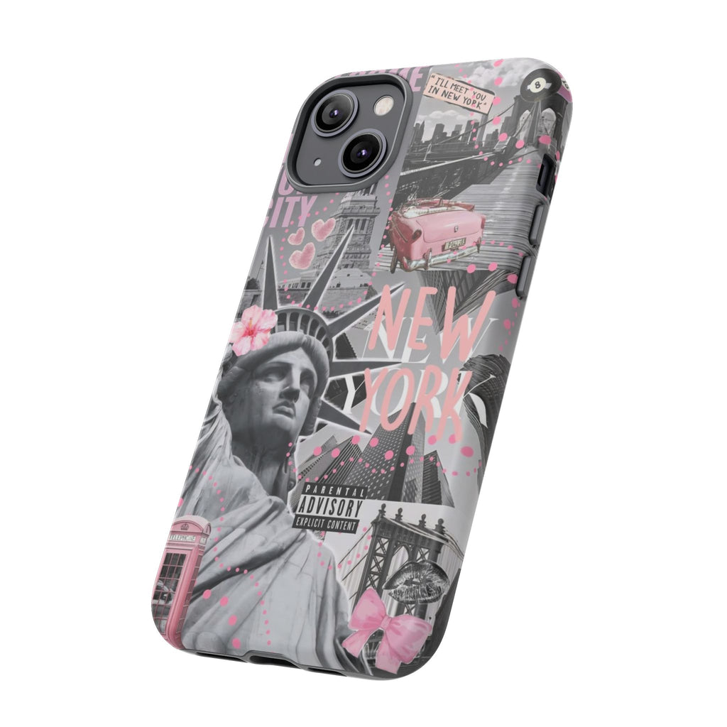 New York Collage Phone Case — Pink Retro Statue of Liberty Design