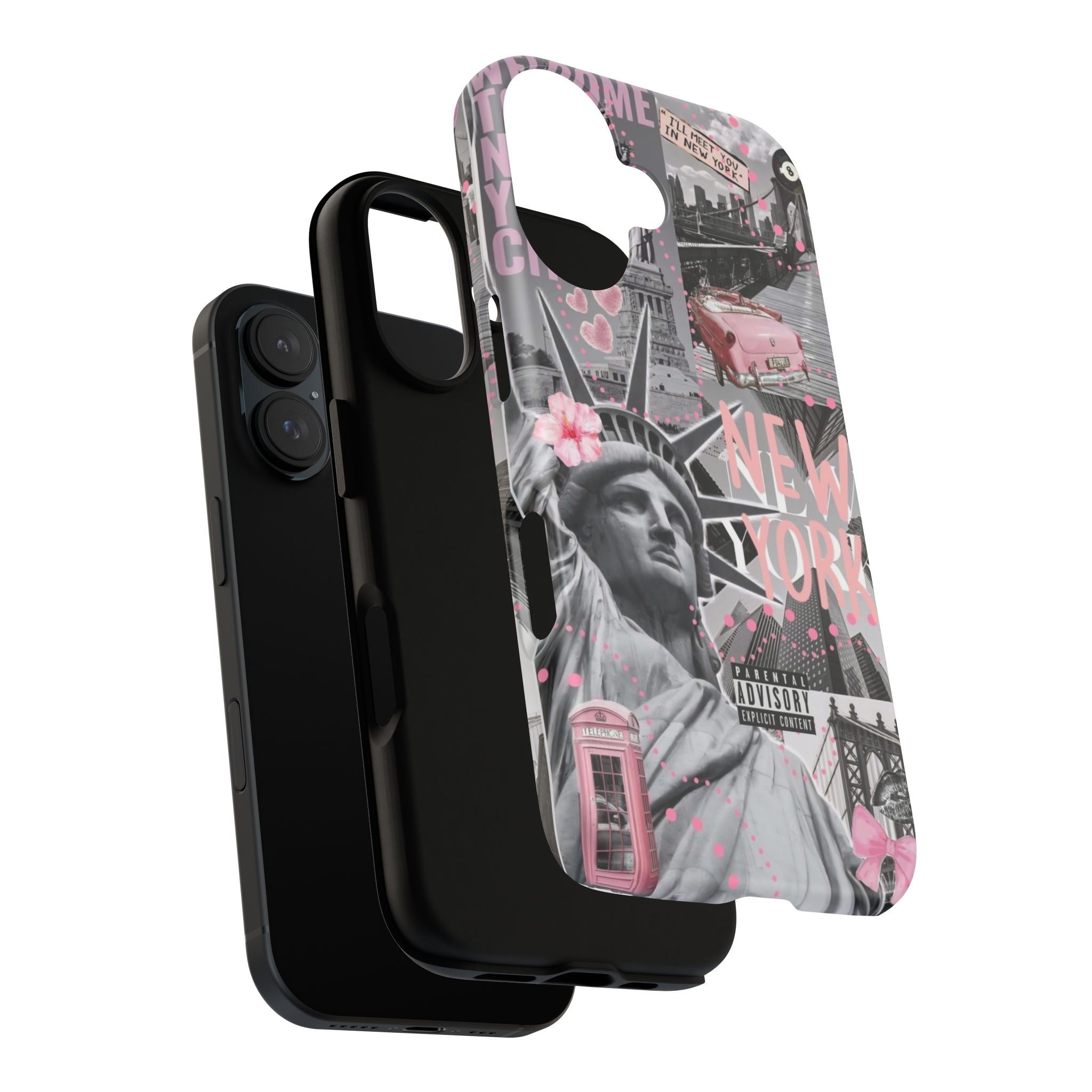 New York Collage Phone Case — Pink Retro Statue of Liberty Design