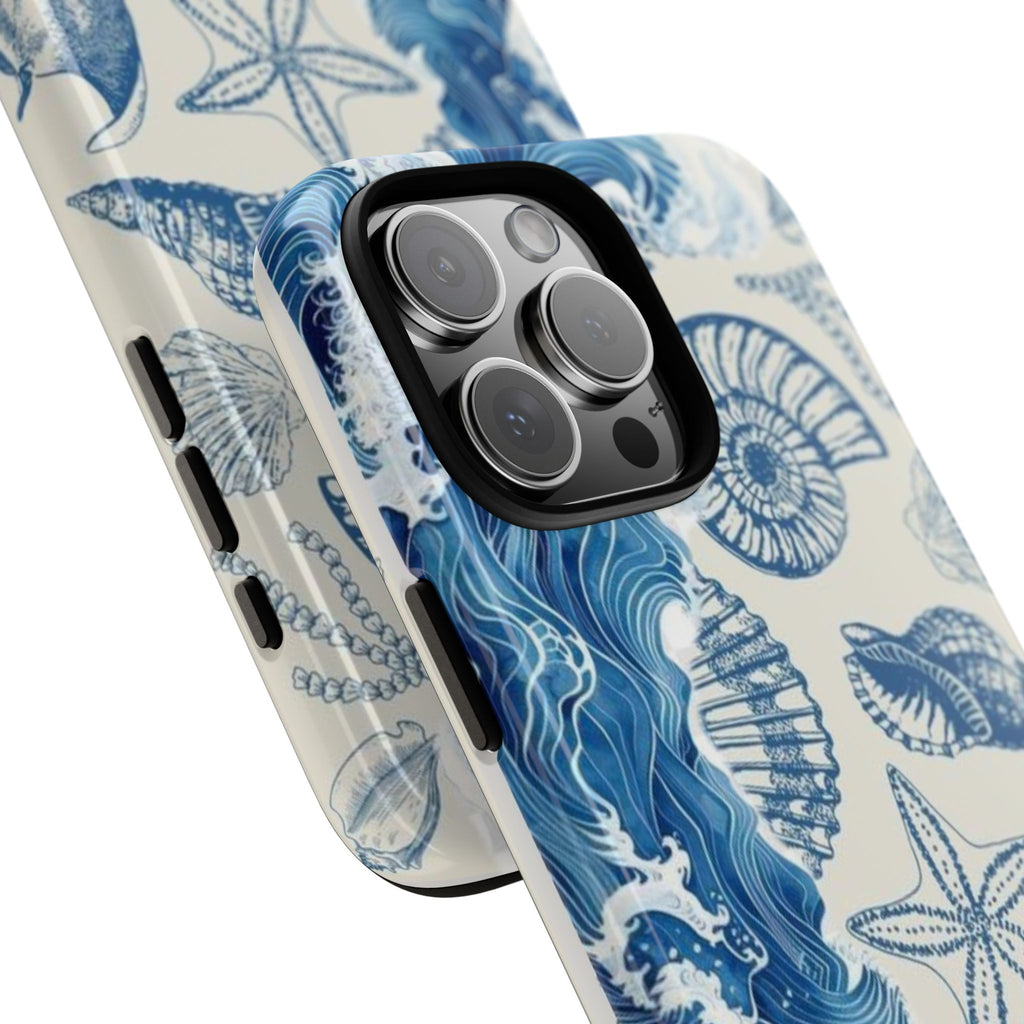 Ocean Shells Tough Phone Case — Blue Nautical Seashell iPhone Cover