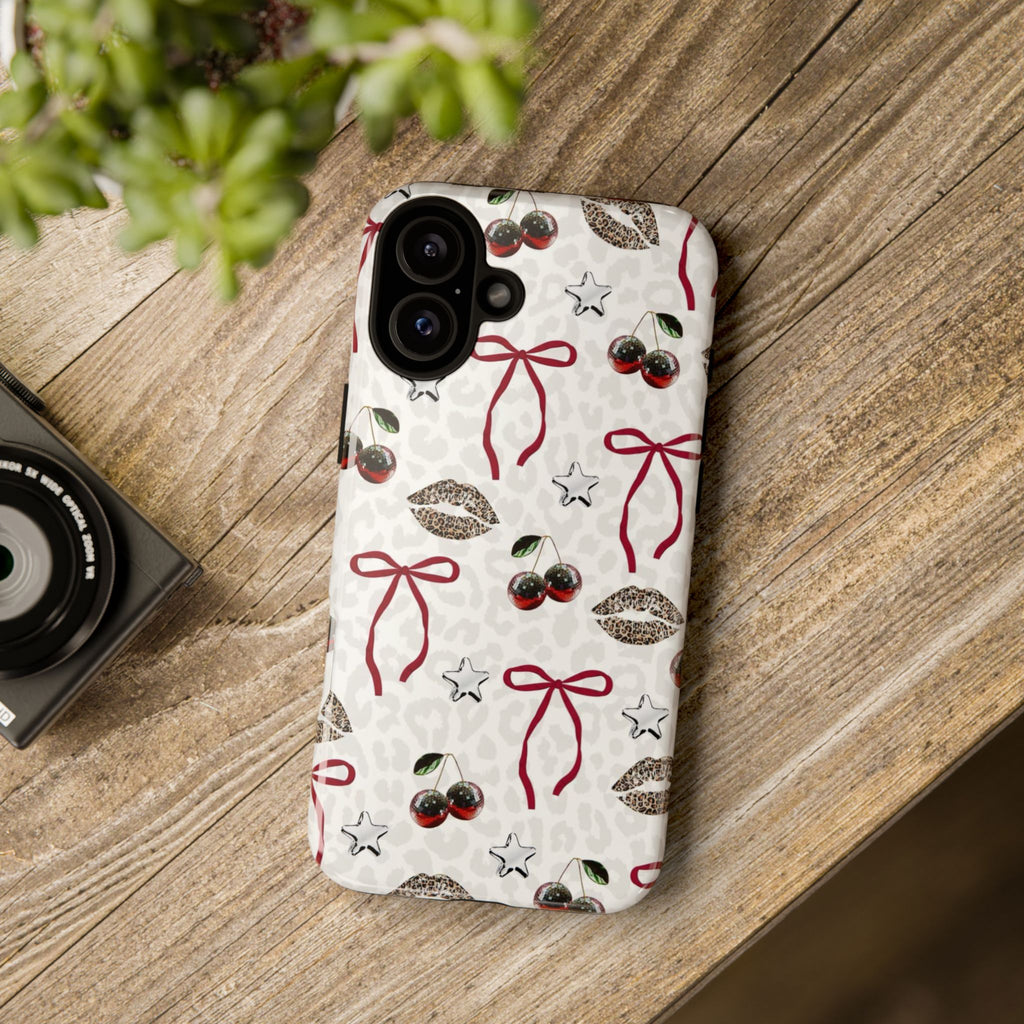 Cherry Bow Phone Case — Retro Cherry & Lips Pattern iPhone Cover