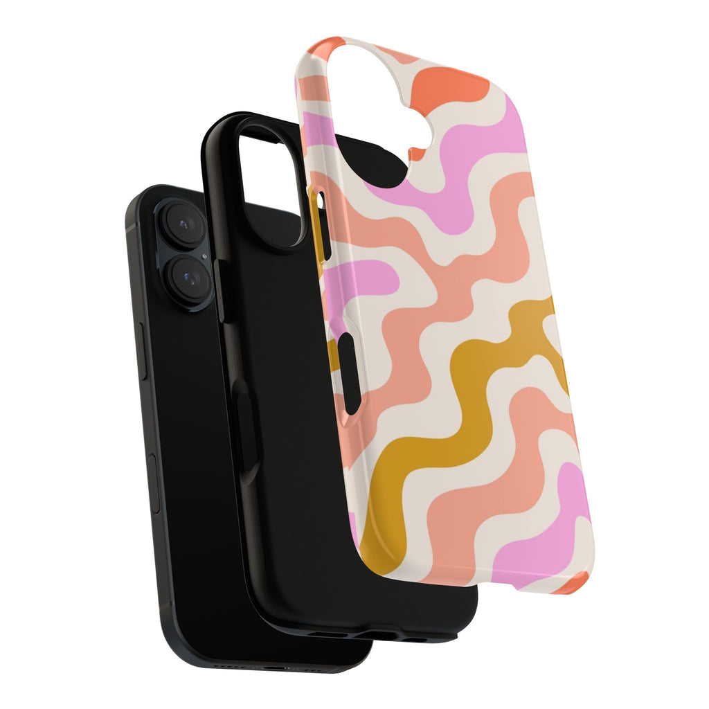 Retro Wavy Pattern Tough Phone Case — Pink, Peach & Mustard Abstract Design