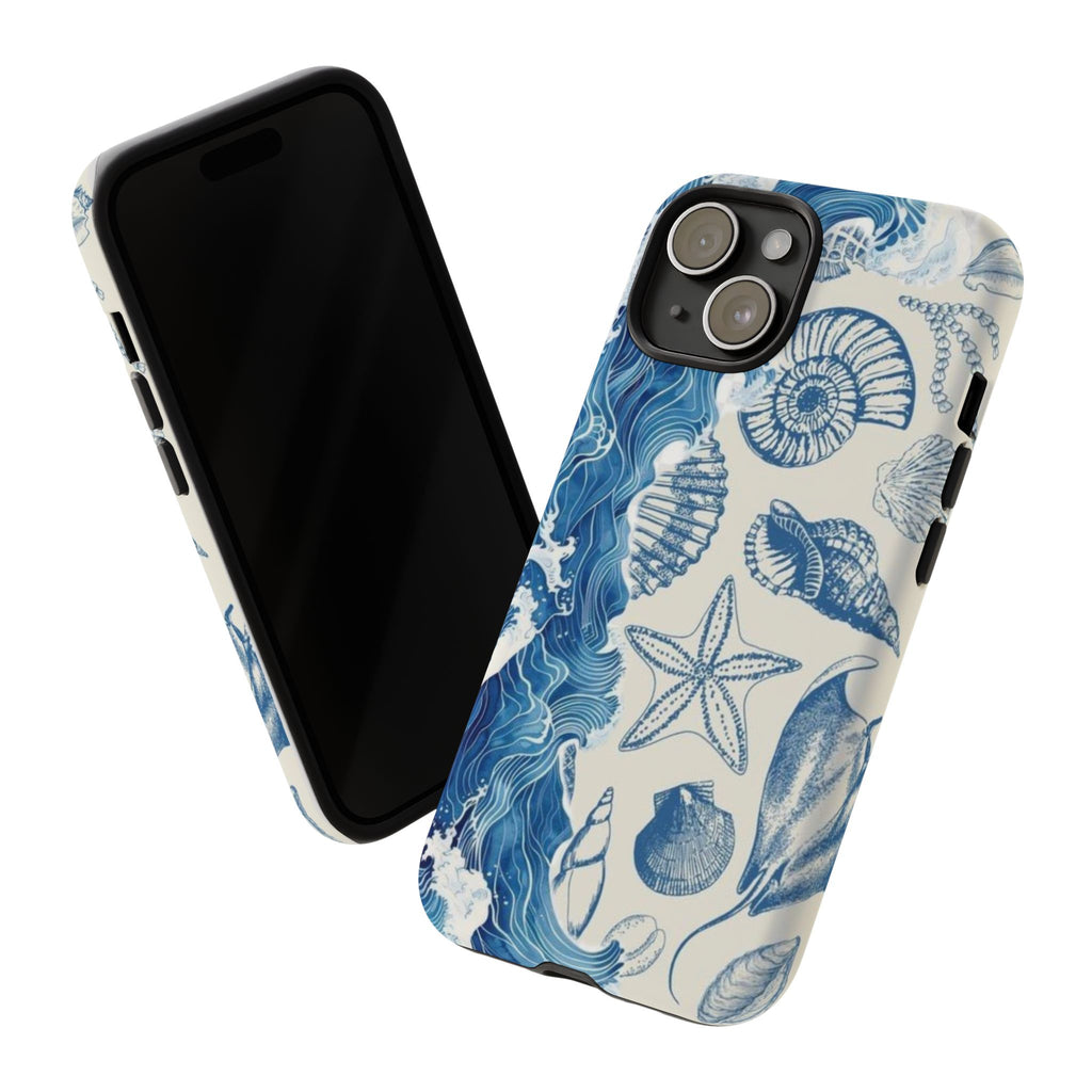 Ocean Shells Tough Phone Case — Blue Nautical Seashell iPhone Cover