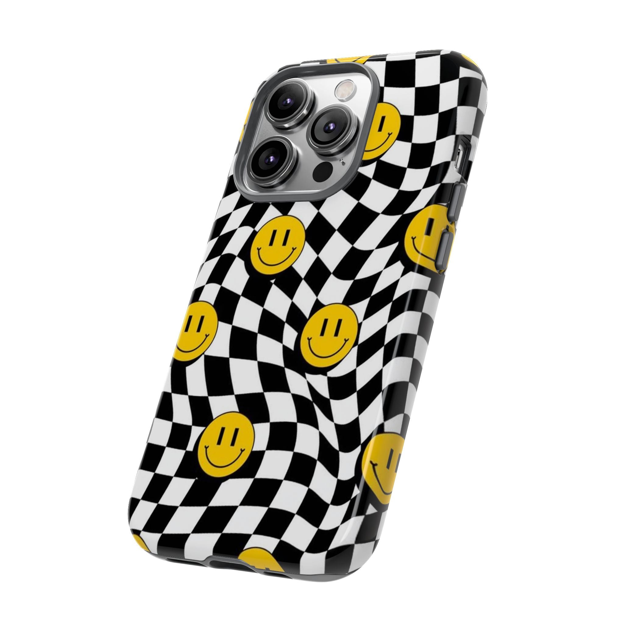 Smiley Checkerboard Tough Phone Case — Retro Wavy Black & White Design