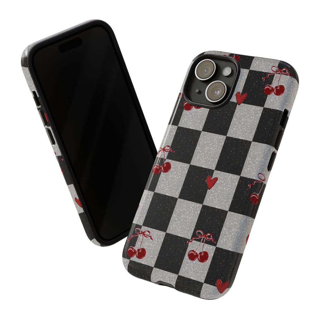 Cherry Checker Phone Case — Retro Black & White Plaid with Red Hearts