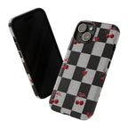 Cherry Checker Phone Case — Retro Black & White Plaid with Red Hearts