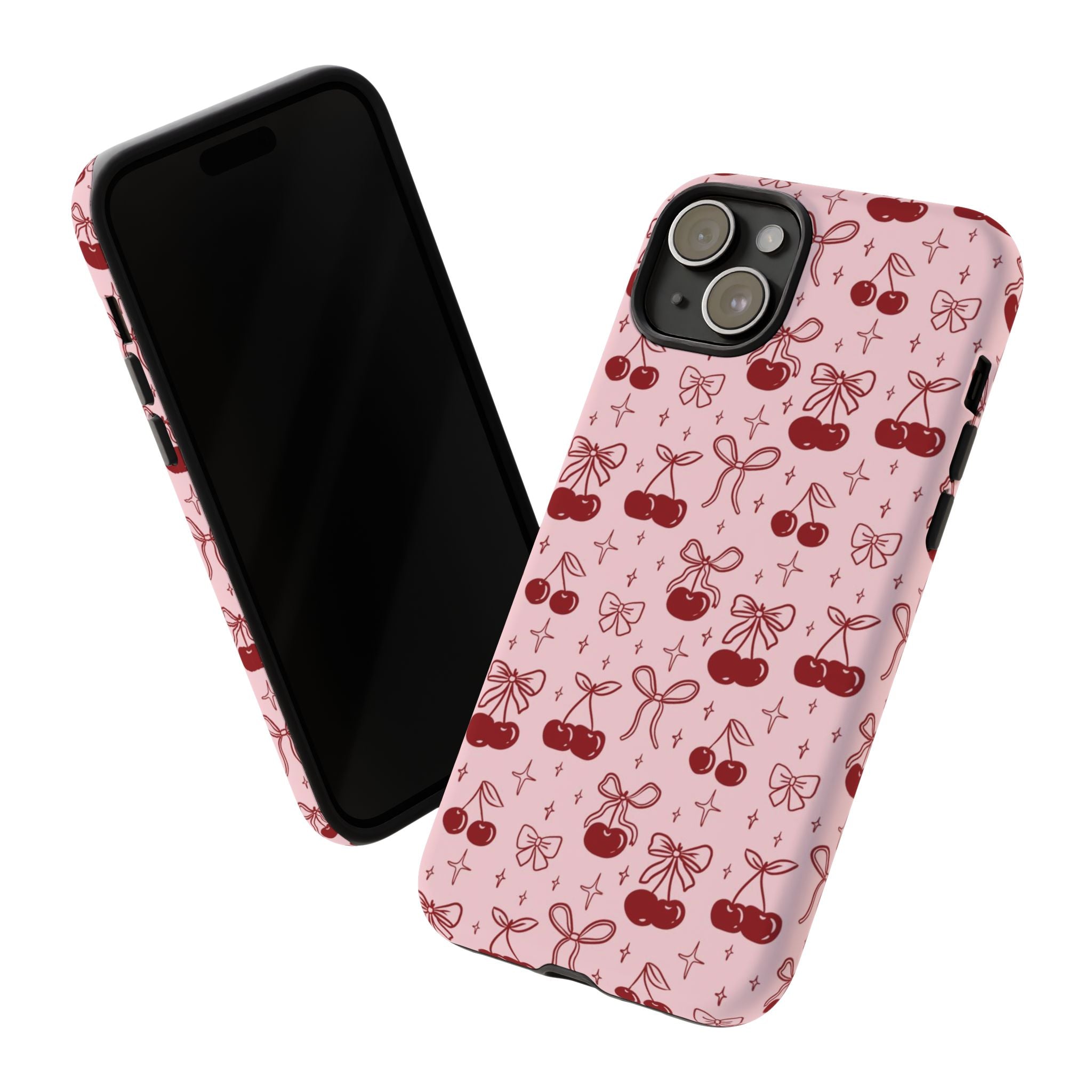 Cherry Pattern Phone Case — Cute Pink Cherries with Bows Durable Tough Case