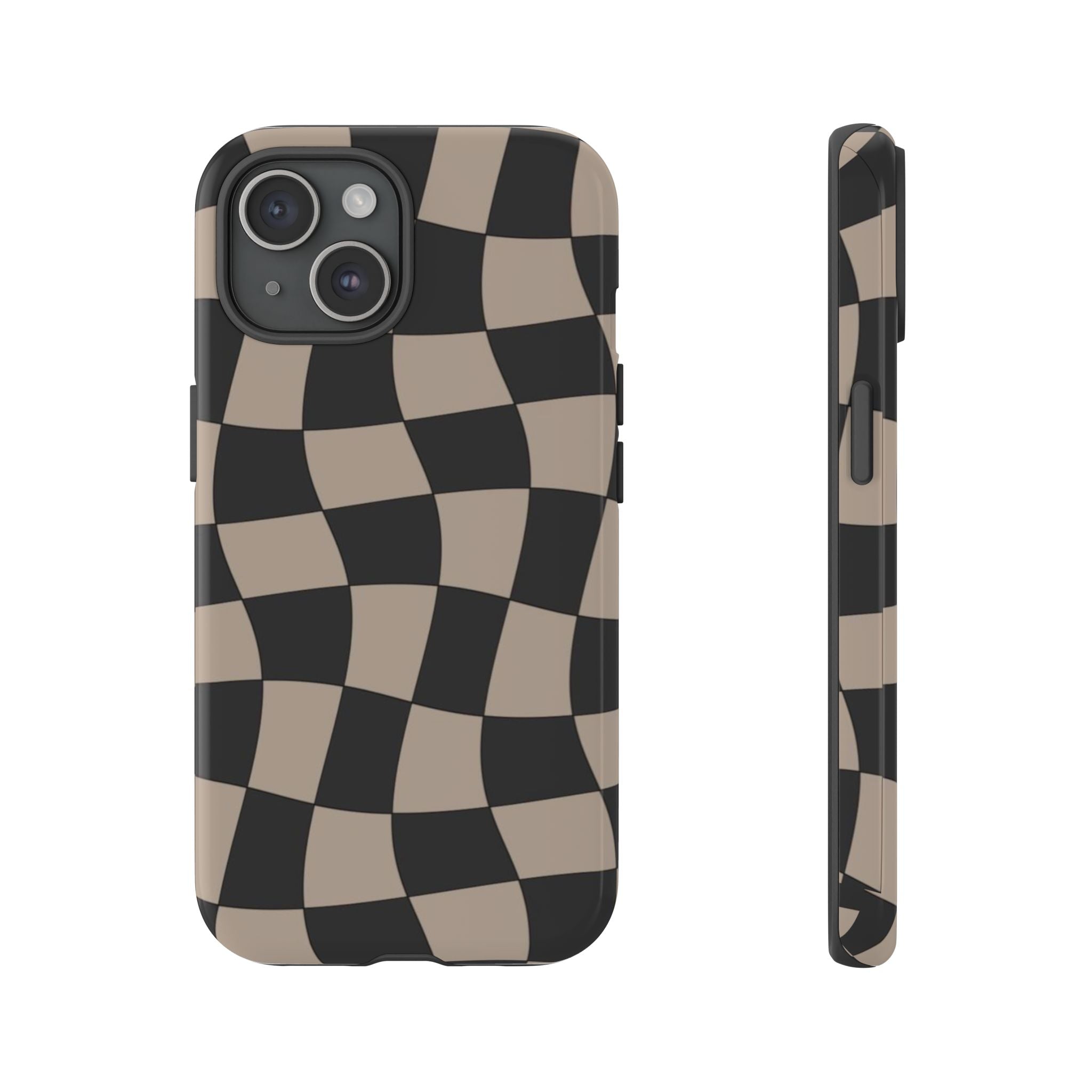 Wavy Checkerboard Phone Case — Retro Black & Beige Pattern, Durable Protective Cover