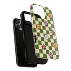 Green Checkered Floral & Smile Phone Case — Cute Heart, Daisy & Smile Pattern