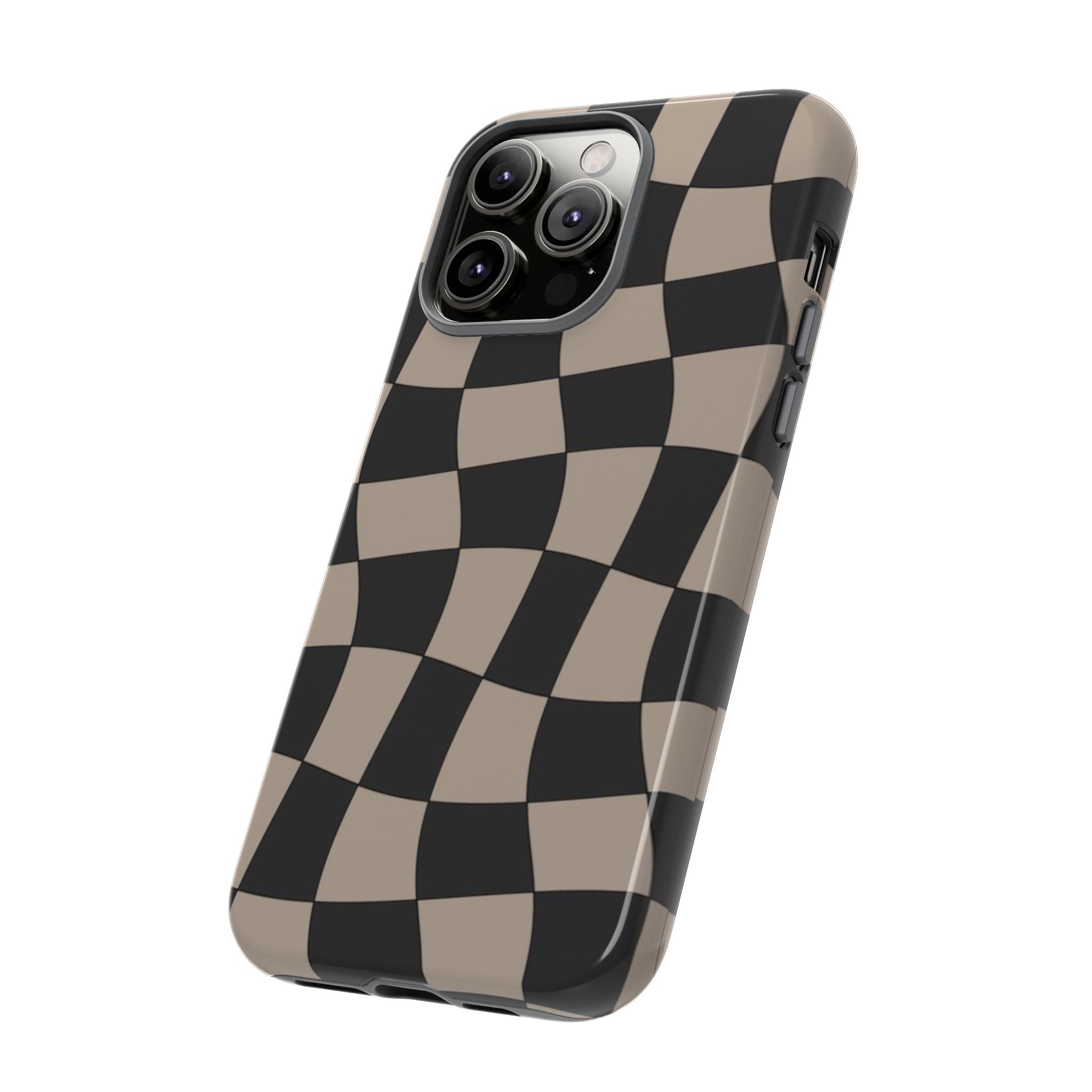 Wavy Checkerboard Phone Case — Retro Black & Beige Pattern, Durable Protective Cover