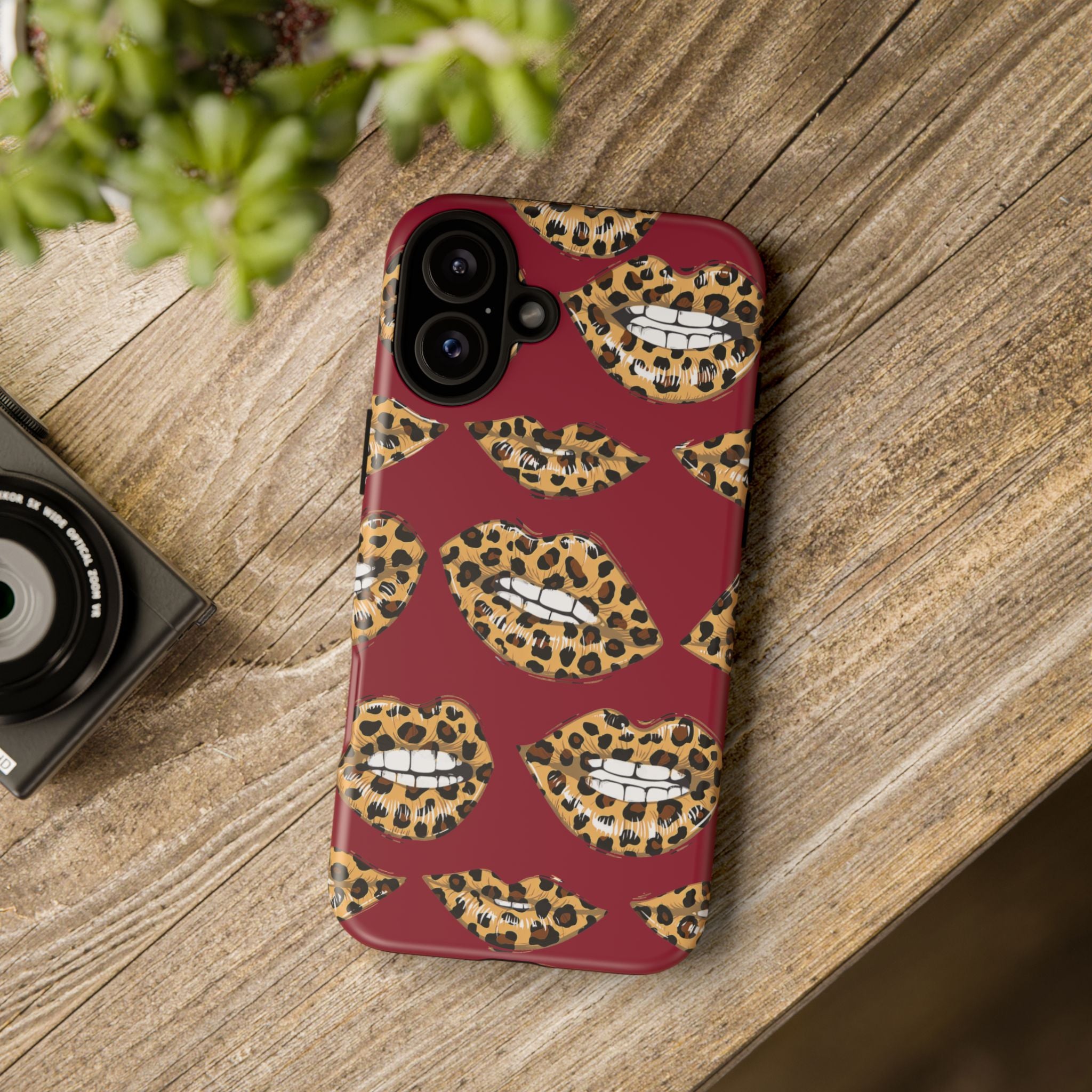 Phone Case — Leopard Lips Pattern on Burgundy
