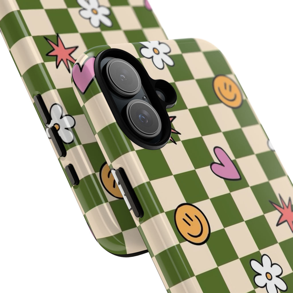 Green Checkered Floral & Smile Phone Case — Cute Heart, Daisy & Smile Pattern