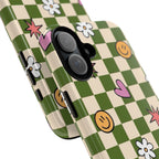 Green Checkered Floral & Smile Phone Case — Cute Heart, Daisy & Smile Pattern
