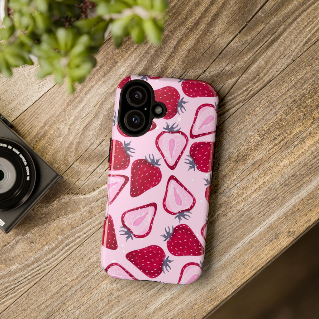 Strawberry Pattern Tough Phone Case — Pink Fruit Protective Cover