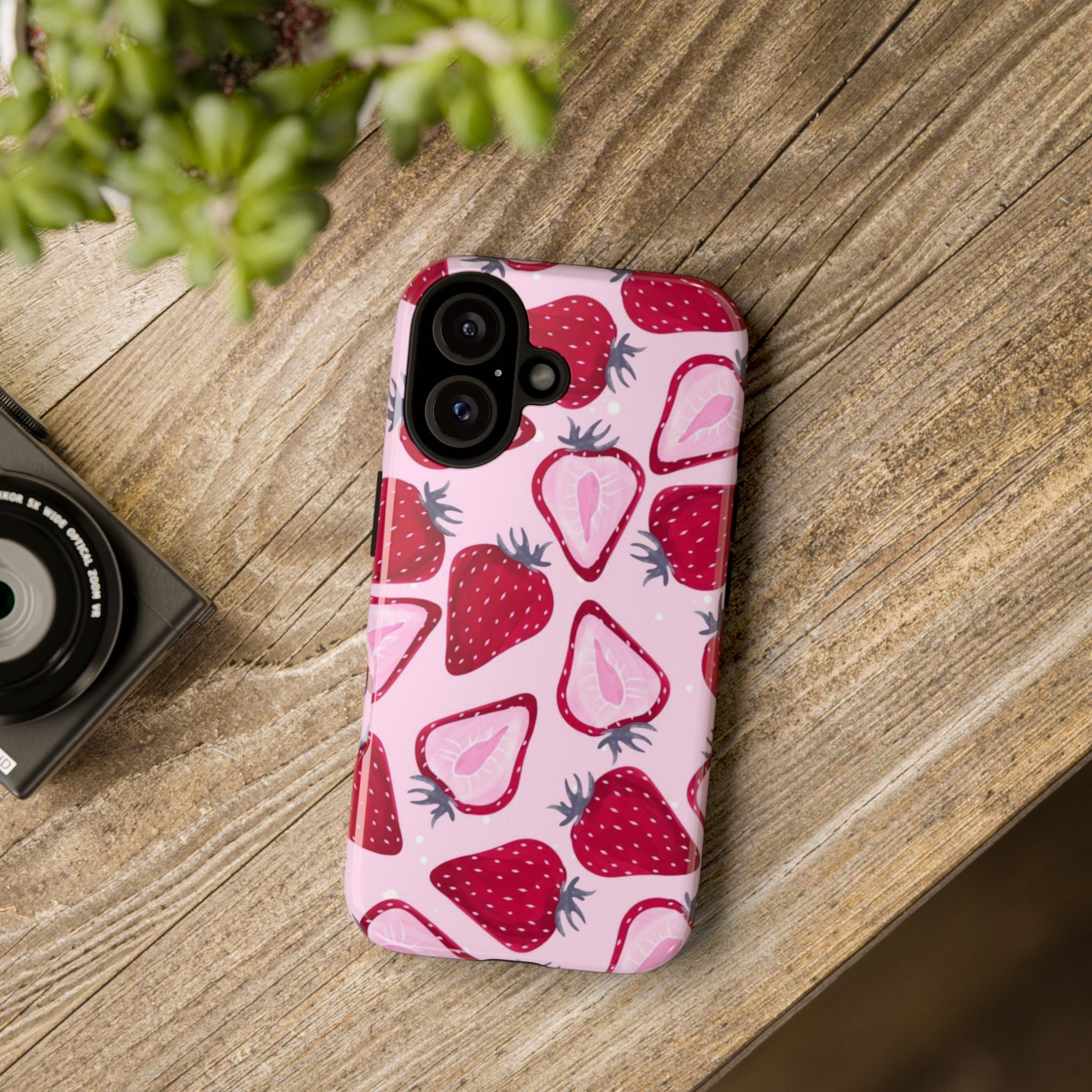 Strawberry Pattern Tough Phone Case — Pink Fruit Protective Cover