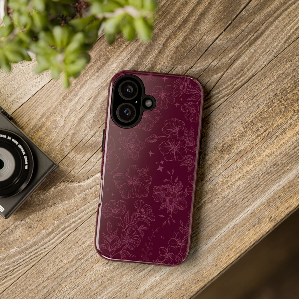 Burgundy Floral Tough Phone Case — Protective Hibiscus Pattern