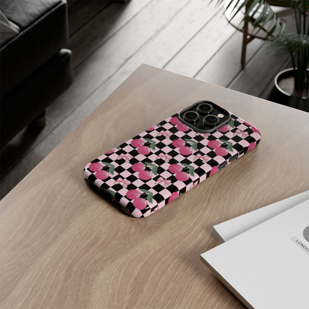Cherry Checkered Phone Case — Pink Cherries on Black & White Checkerboard