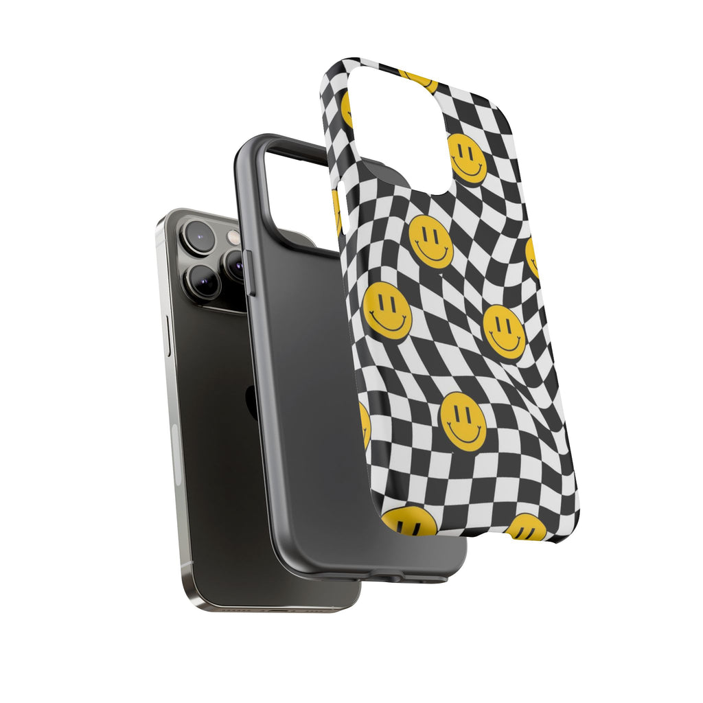 Smiley Checkerboard Tough Phone Case — Retro Wavy Black & White Design