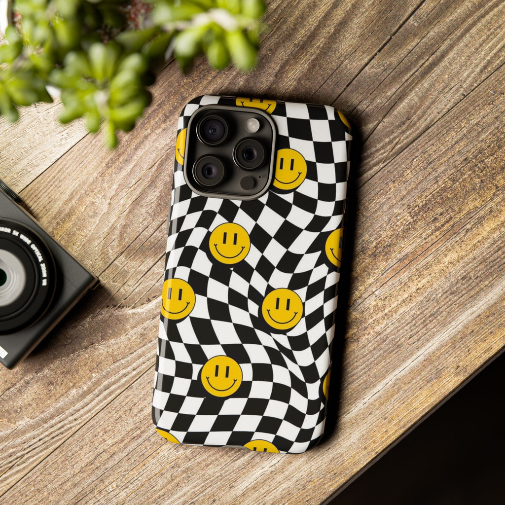 Smiley Checkerboard Tough Phone Case — Retro Wavy Black & White Design