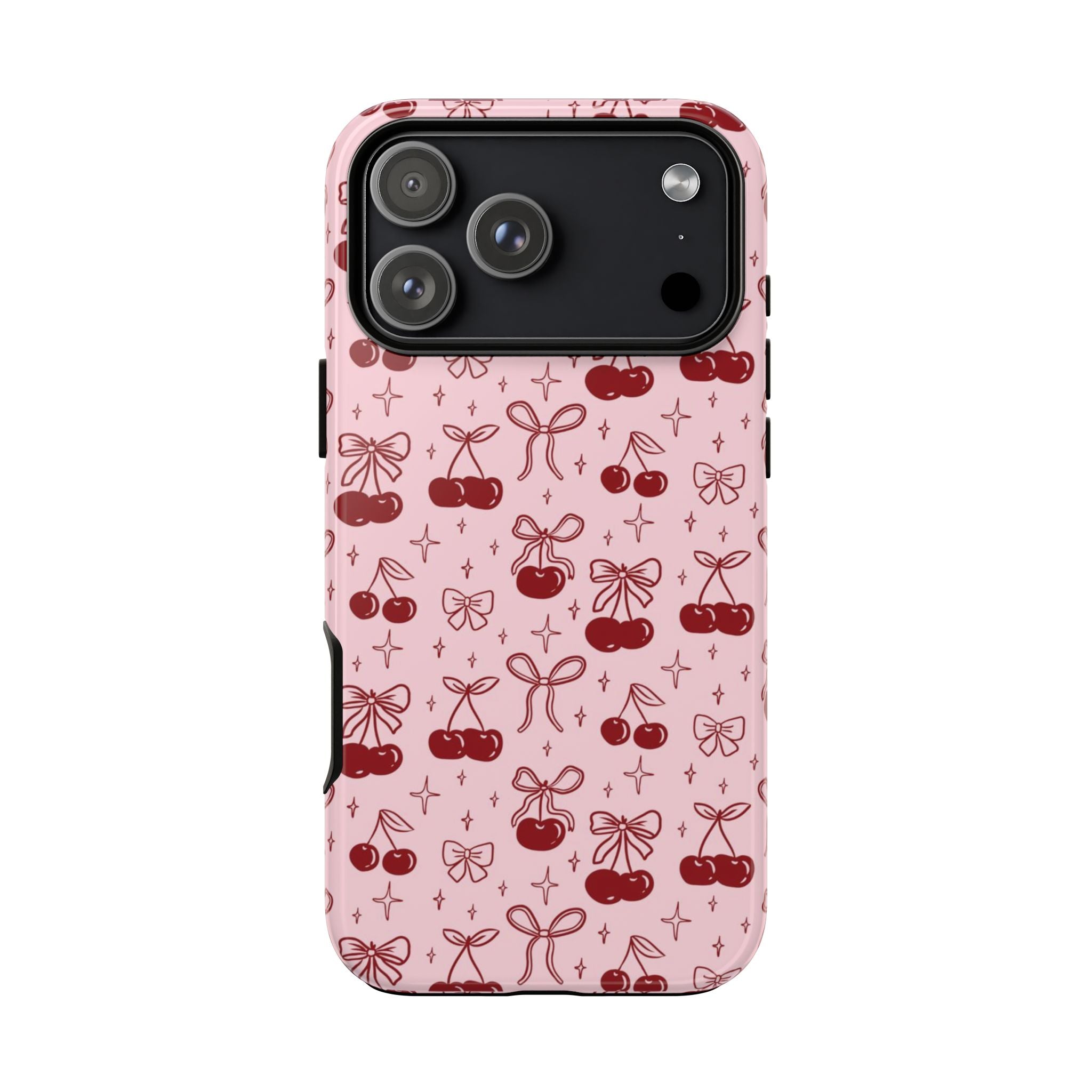 Cherry Pattern Phone Case — Cute Pink Cherries with Bows Durable Tough Case