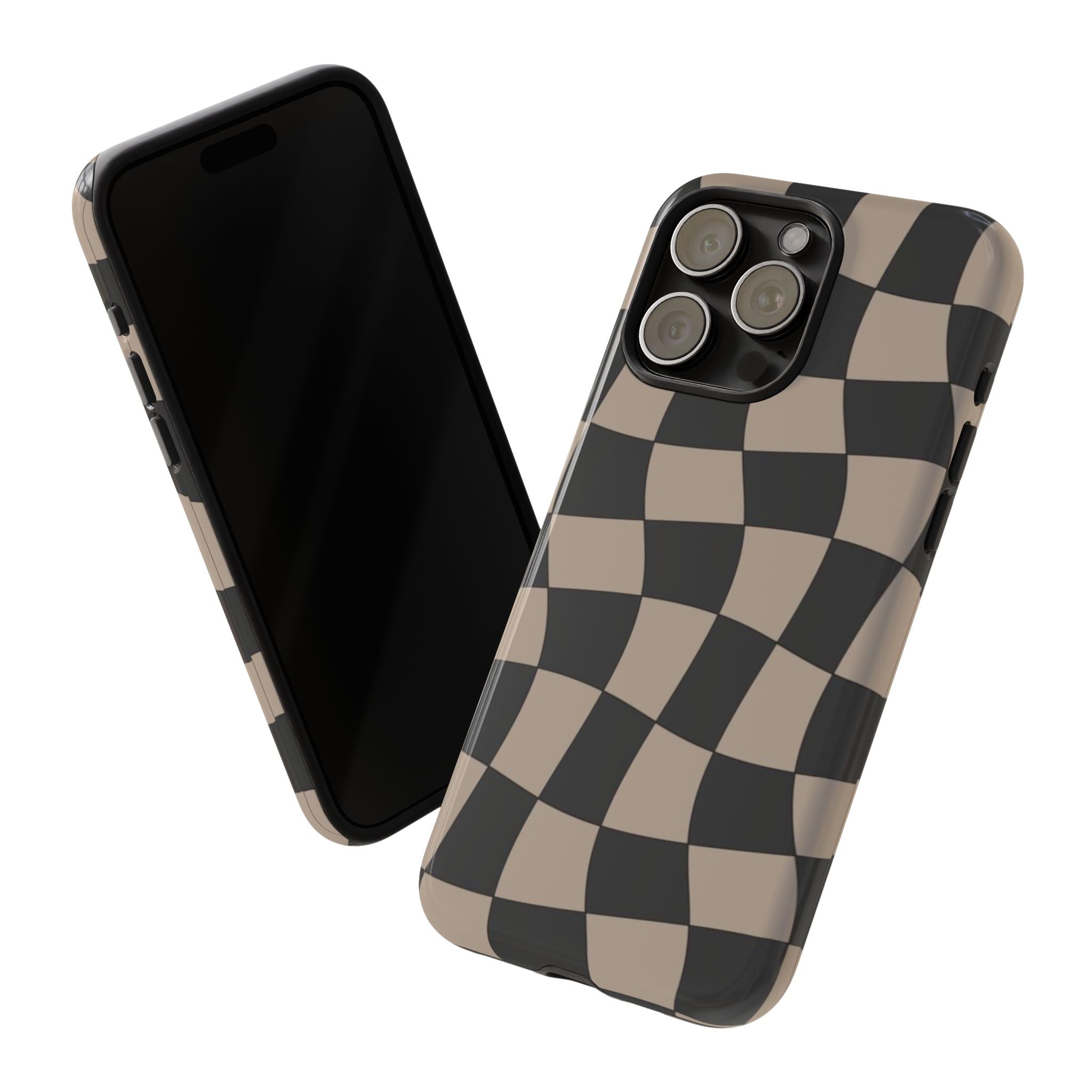 Wavy Checkerboard Phone Case — Retro Black & Beige Pattern, Durable Protective Cover