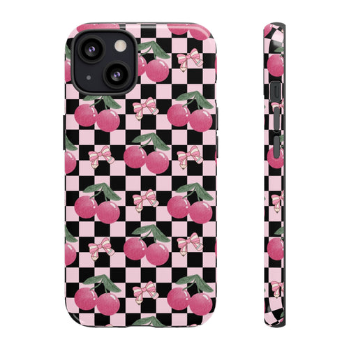 Cherry Checkered Phone Case — Pink Cherries on Black & White Checkerboard