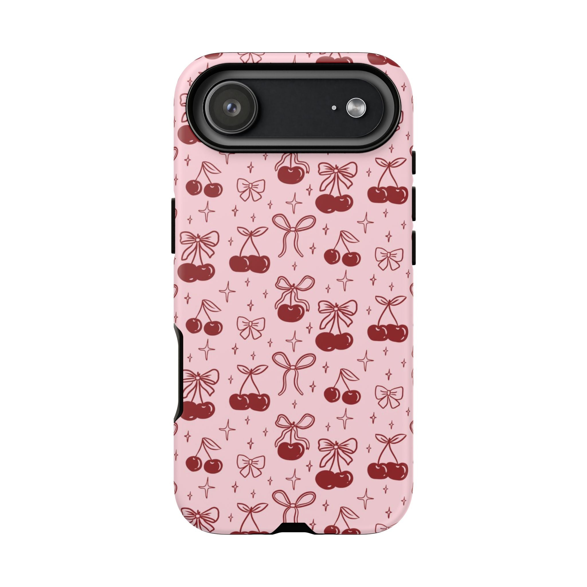 Cherry Pattern Phone Case — Cute Pink Cherries with Bows Durable Tough Case