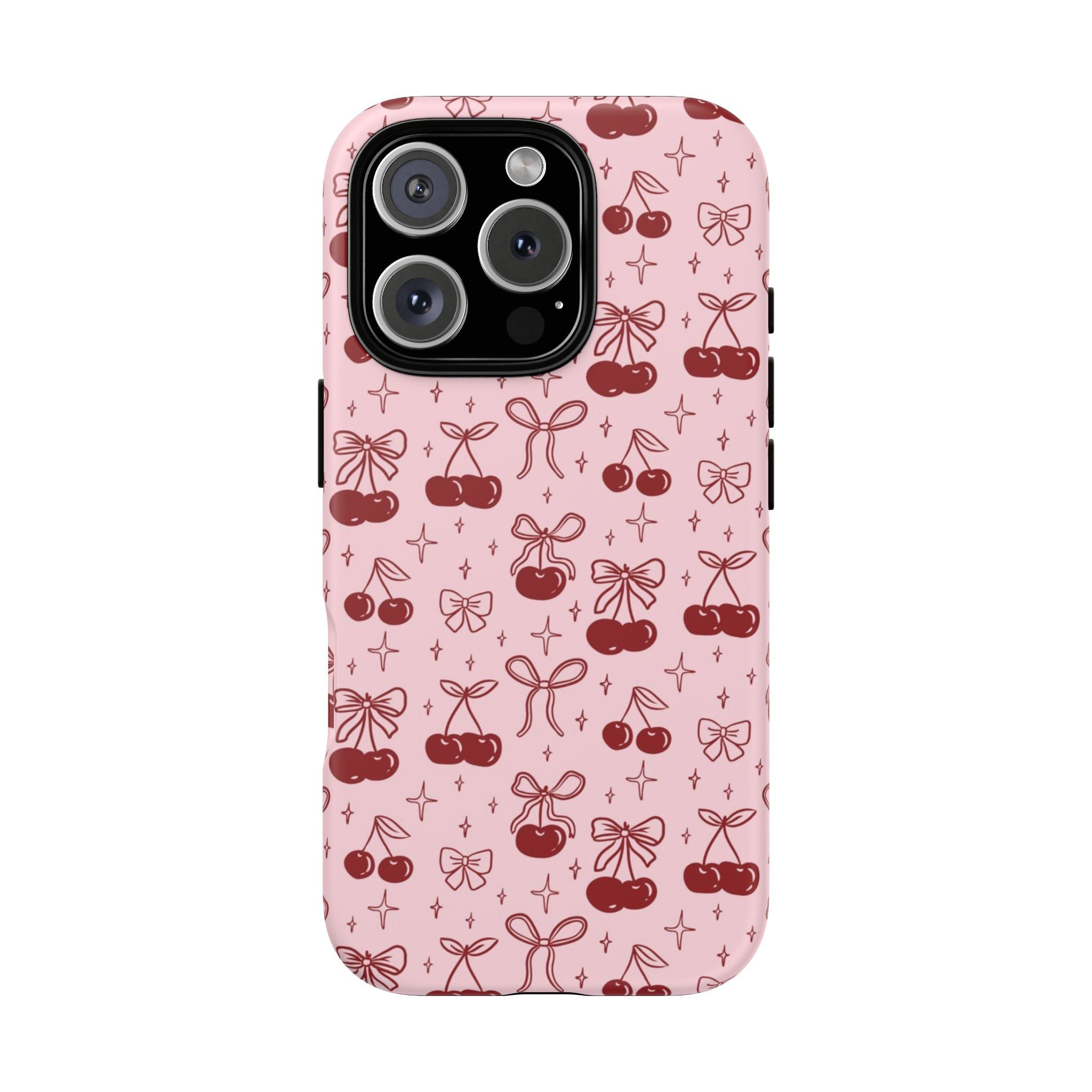 Cherry Pattern Phone Case — Cute Pink Cherries with Bows Durable Tough Case