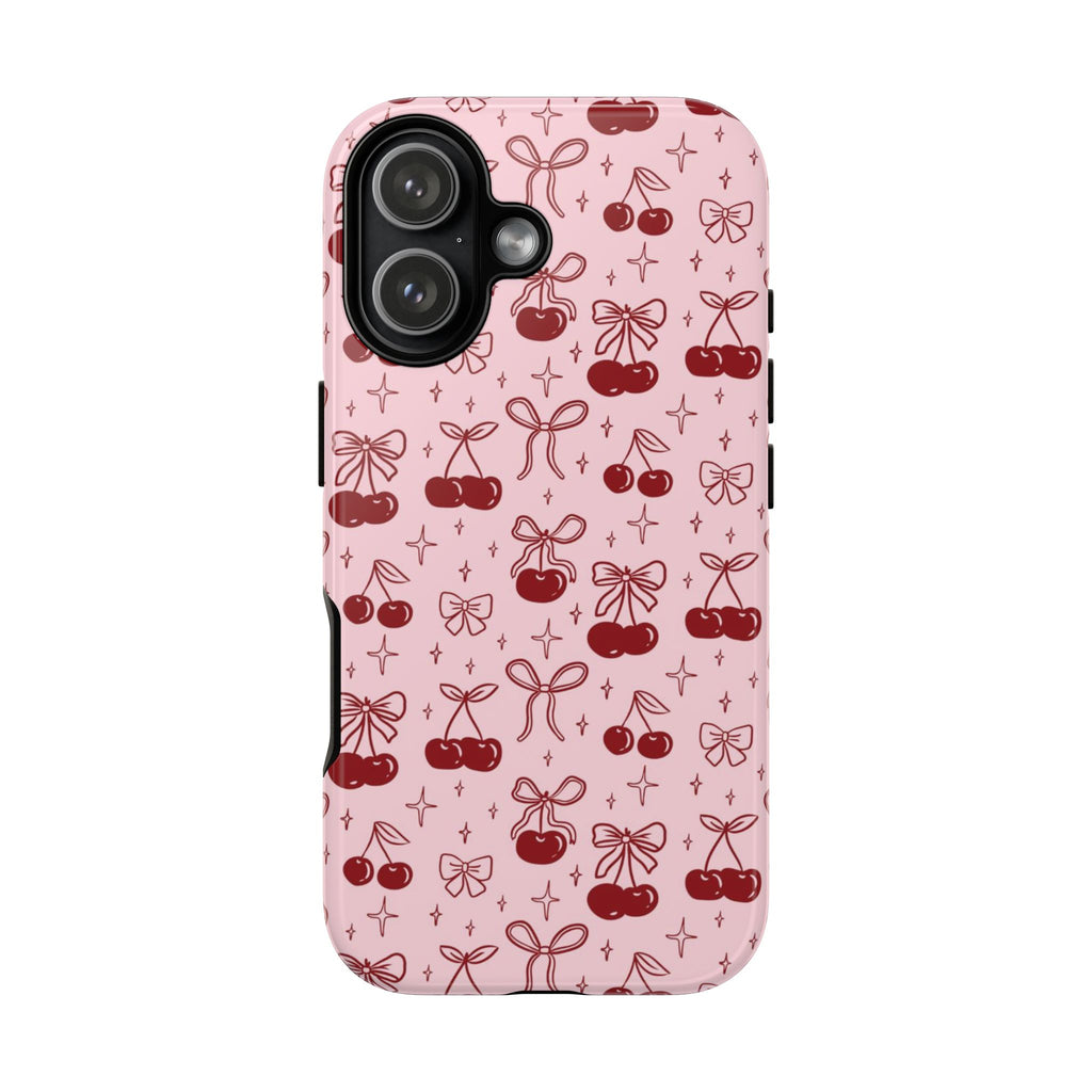 Cherry Pattern Phone Case — Cute Pink Cherries with Bows Durable Tough Case