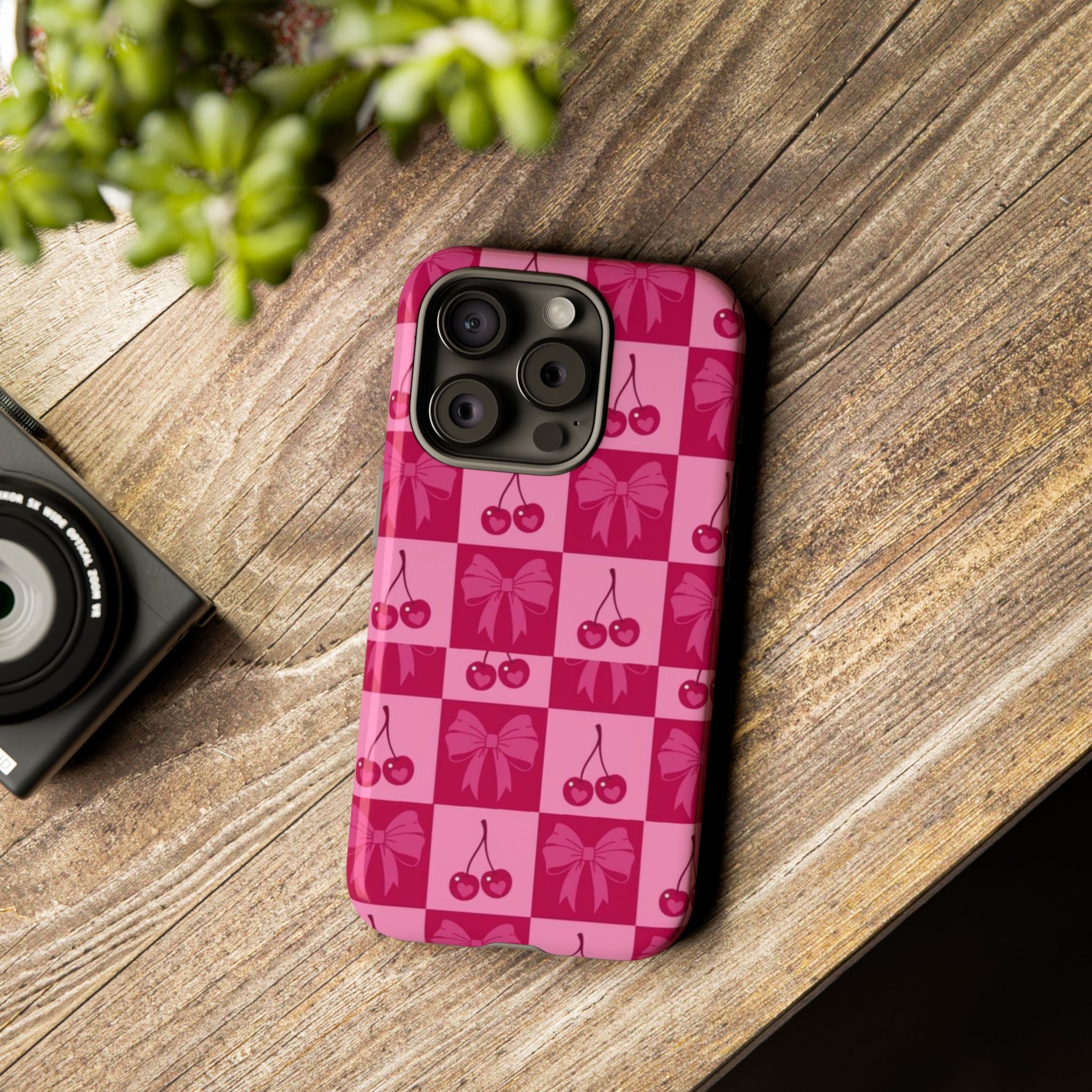 Cherry Checker Tough Phone Case — Pink Retro Bow Pattern