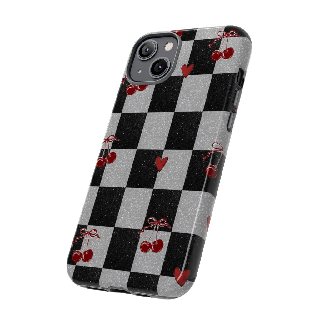 Cherry Checker Phone Case — Retro Black & White Plaid with Red Hearts
